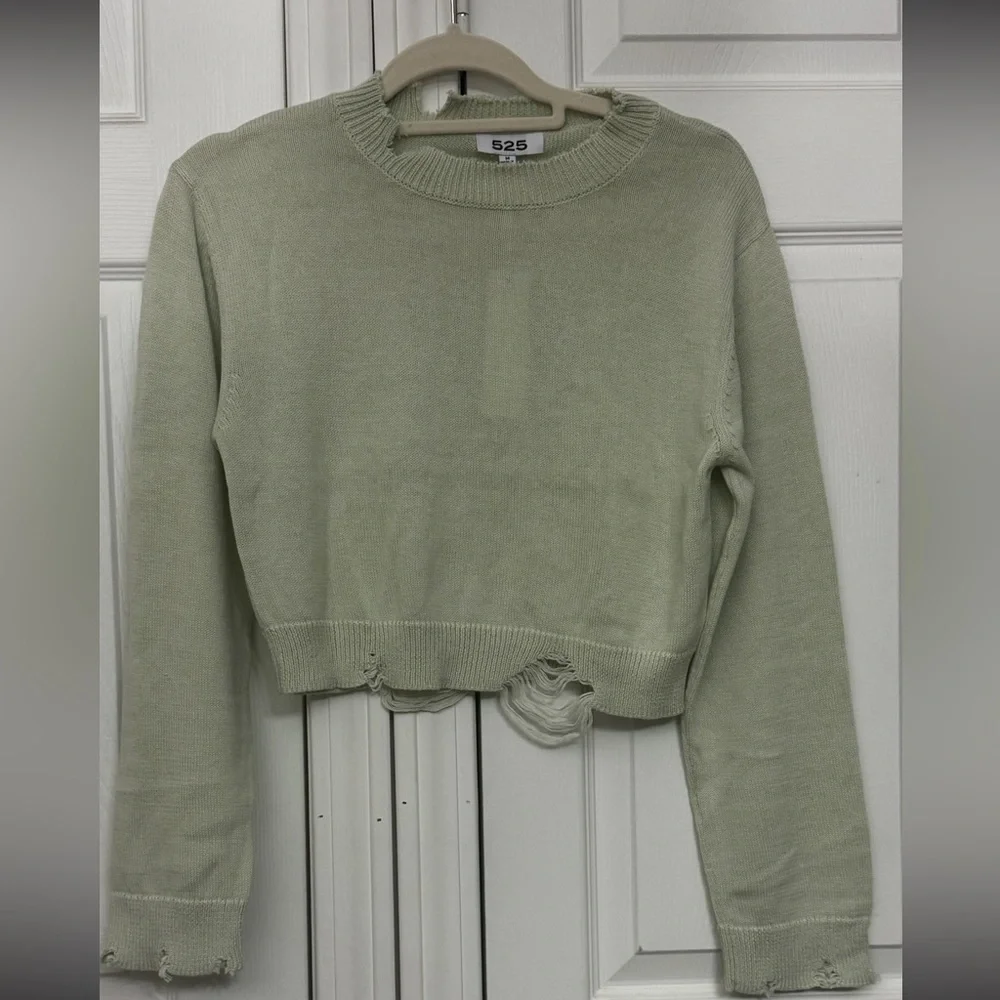 525 America Mint Green Distressed Cotton Pullover Sweater – Size M – NWT